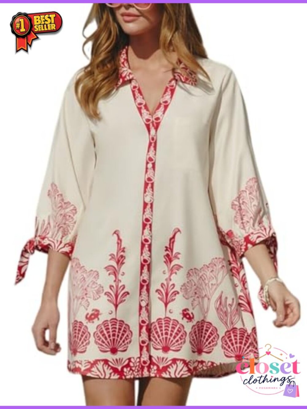 CUPSHE Women's Floral Mini Dress Cover Up Shirt Collared V Neck 3/4 Tie Sleeve